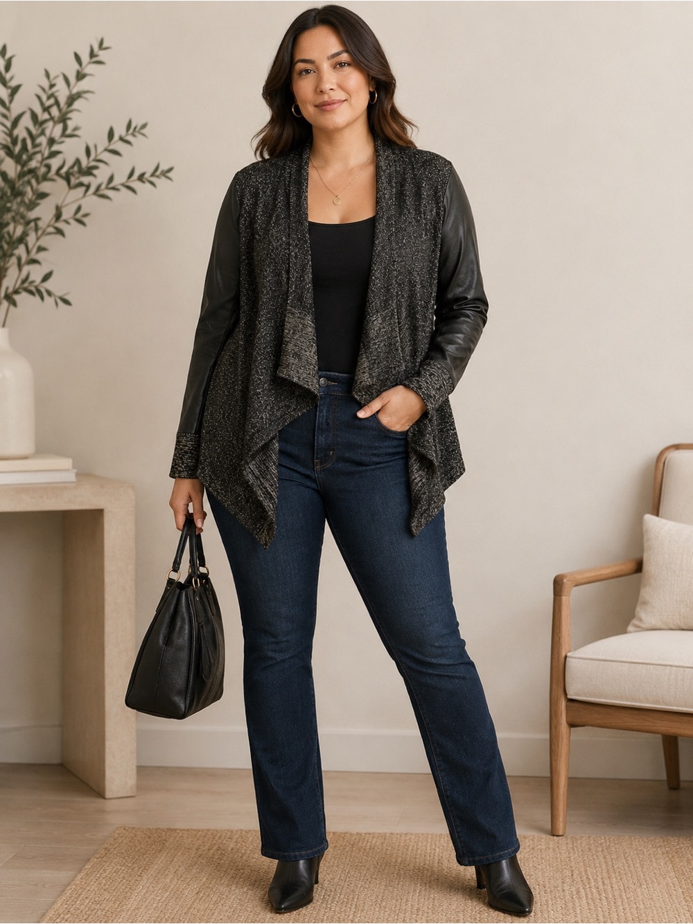 DKNY Pure Open Front Leather Sleeve Draped Cardigan Sweater M/L Black Gray